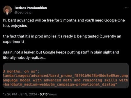 Source - Bedros Pamboukian | X - Google may charge for Bard Advanced, its upcoming chatbot powered by Gemini Ultra