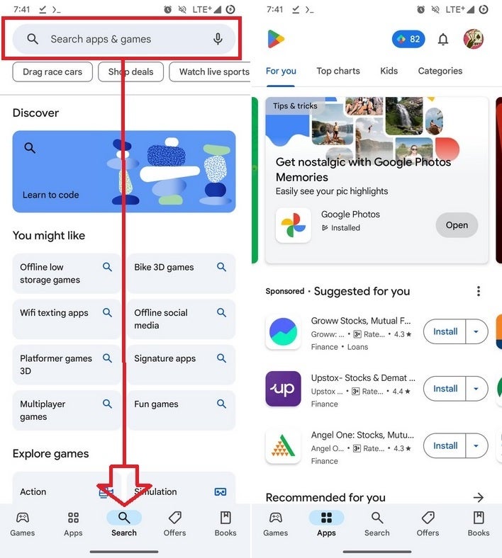 A dedicated search tab is coming to the Play Store (L) although some users have lost their search bar and have no search tab (R) - Some Google Play Store users are missing the search bar following an update