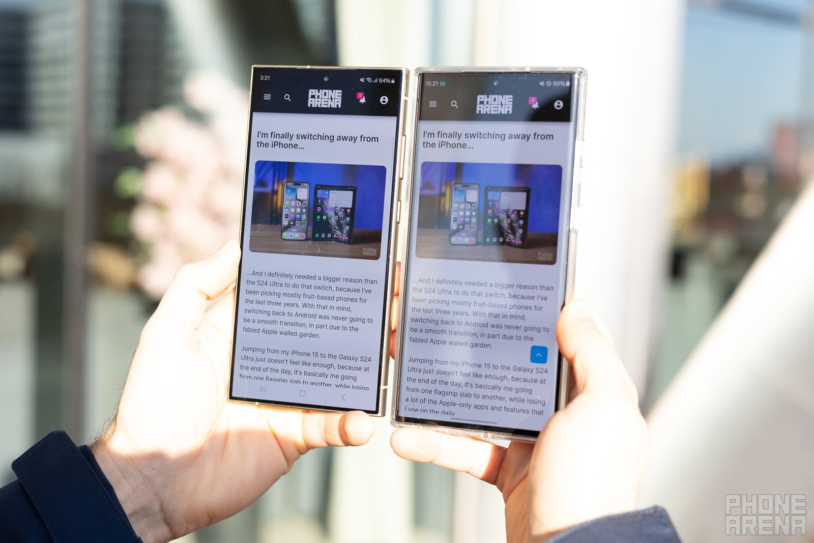 The S24 Ultra screen (on the left) looks almost incredibly reflection-free versus the S23 Ultra (on the right). - Galaxy S24 Ultra has a revolutionary reflection-free screen: we test it against iPhone and Pixel
