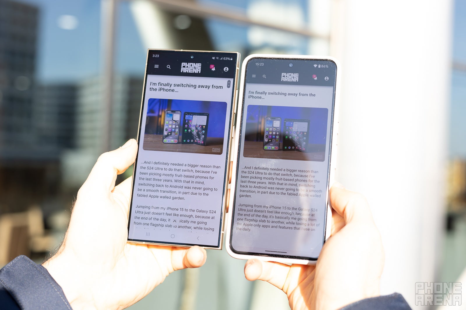 S24 Ultra on the left, Pixel 8 Pro on the right. The difference is noticeable. - Galaxy S24 Ultra has a revolutionary reflection-free screen: we test it against iPhone and Pixel