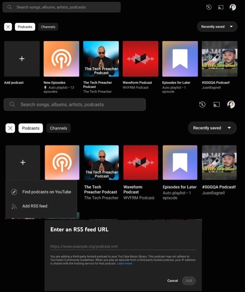 You can now manually add your podcasts via RSS on YouTube Music