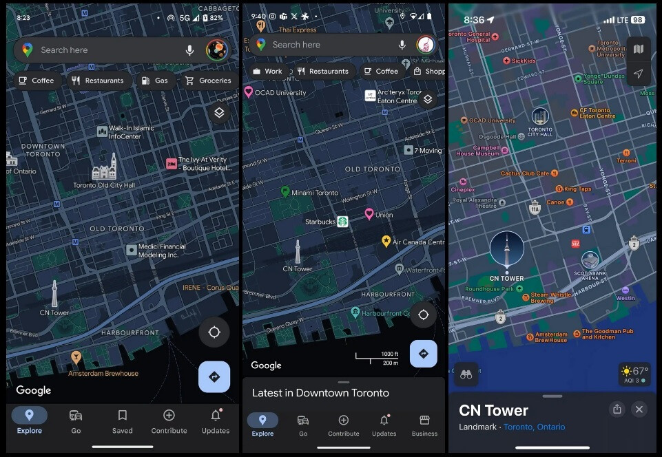 From L to R current Google Maps, new Google Maps, Apple Maps. Image credit-9to5Google - Google Maps tests the use of some colors that copy Apple Maps