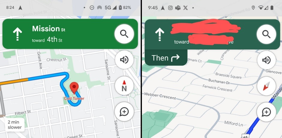 Current Google Maps on the left, new on the right. Image credit-9to5Google - Google Maps tests the use of some colors that copy Apple Maps