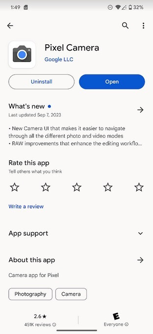 The Pixel Camera listing in the Play Store - The Google Camera app has been renamed and features a new UI