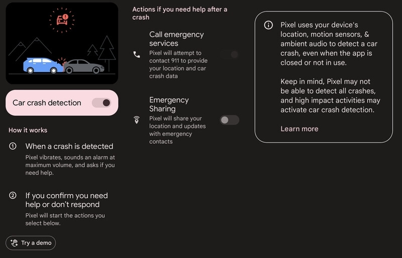Crash Detection settings on the Google Pixel Fold - Car crash detection on Pixel phones is now available in even more countries