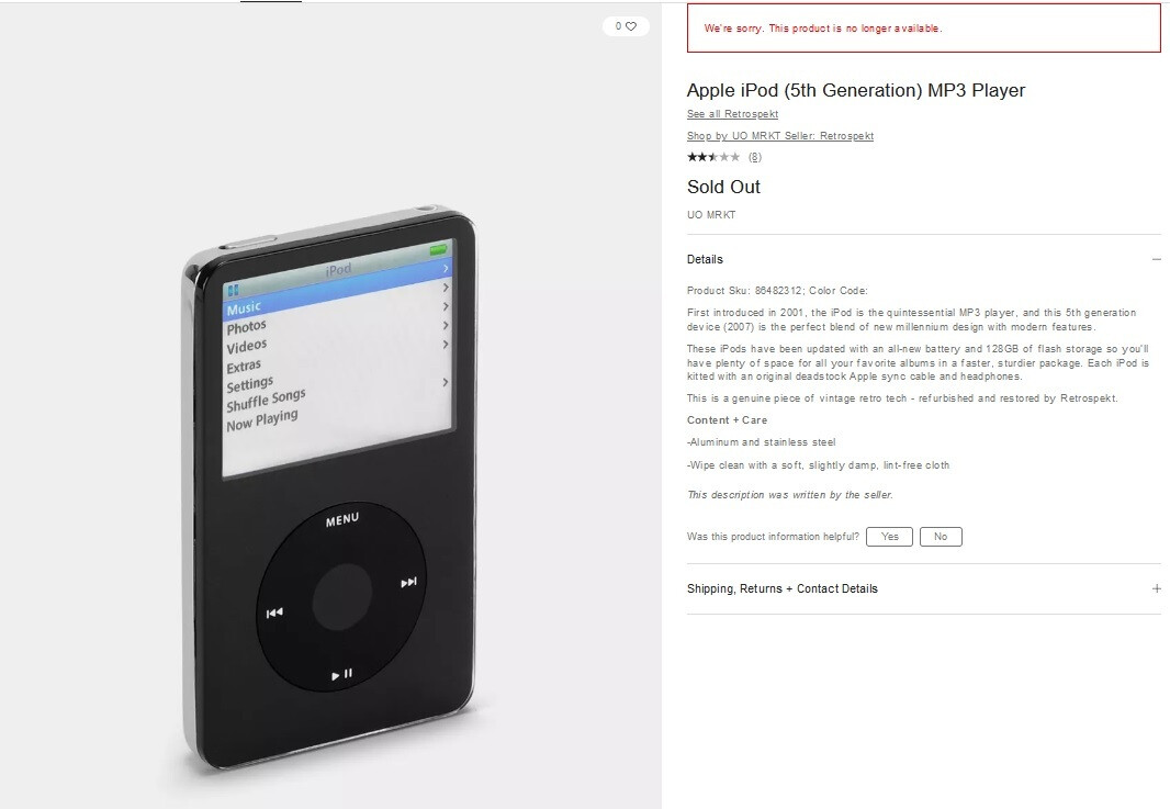 The listing on Urban Outfitters' website notes that the refurbished 5th-generation iPod is sold out - Refurbished 5th-gen iPod MP3 units sell out online